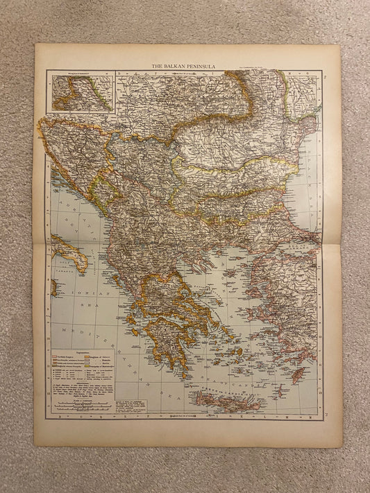 THE BALKAN PENINSULA - Antique 21 x 16 Inch Map By The Times From 1895